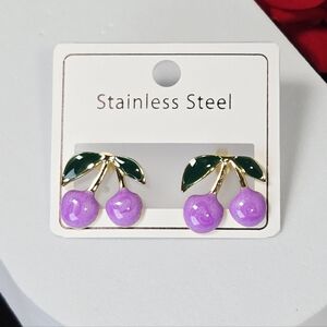 Gold Purple Swirl Cherry Stud Earrings Stainless Steel Enamel Leaves Cute Fruit